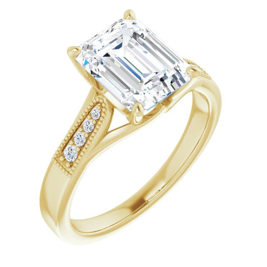 10K Yellow Gold Customizable 9-stone Vintage Design with Emerald/Radiant Cut Center and Round Band Accents