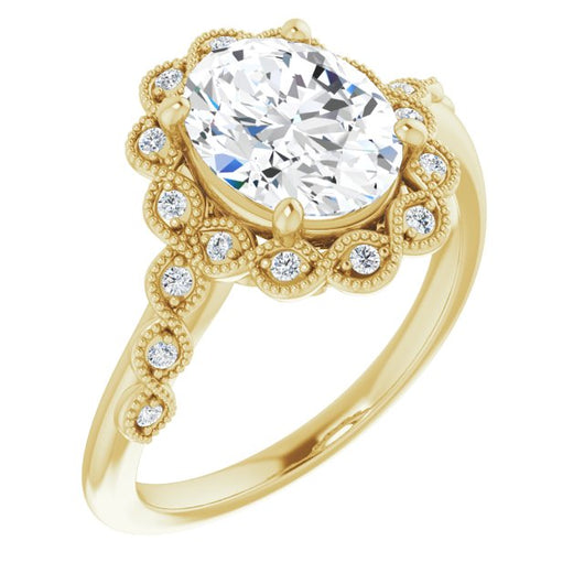 10K Yellow Gold Customizable 3-stone Design with Oval Cut Center and Halo Enhancement