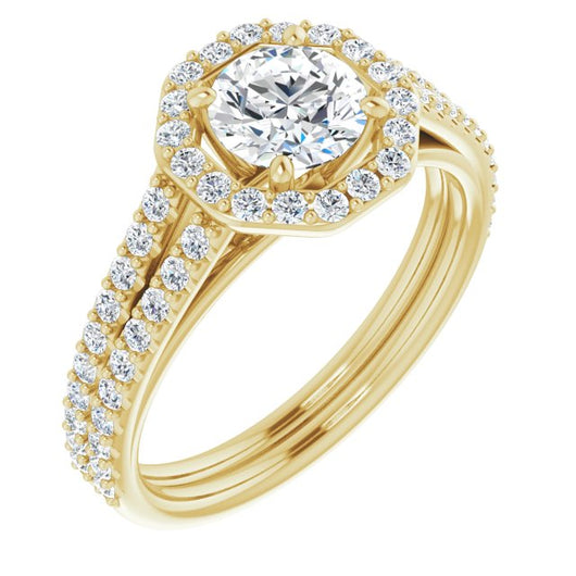 10K Yellow Gold Customizable Cathedral Round Cut Design with Geometric Halo & Split Pavé Band