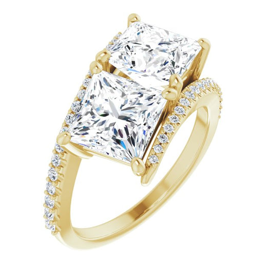 10K Yellow Gold Customizable Double Princess/Square Cut 2-stone Design with Ultra-thin Bypass Band and Pavé Enhancement