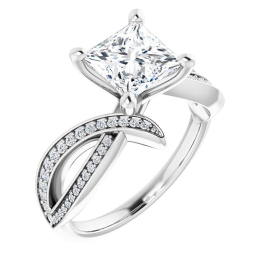 10K White Gold Customizable Princess/Square Cut Design with Swooping Pavé Bypass Band