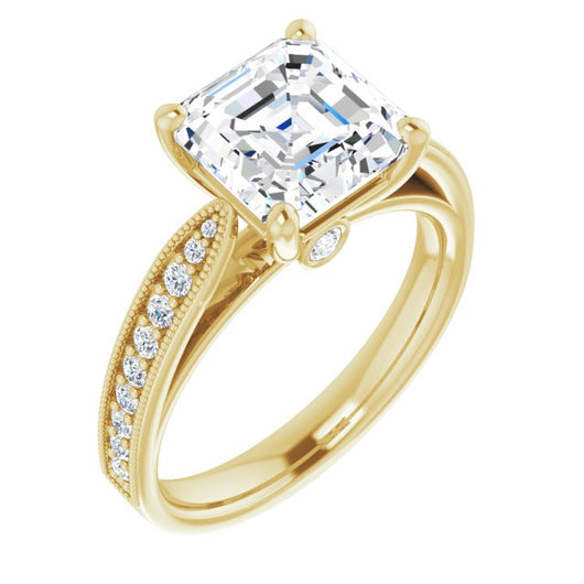 10K Yellow Gold Customizable Asscher Cut Style featuring Milgrained Shared Prong Band & Dual Peekaboos