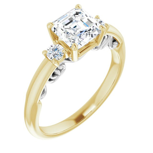 14K Yellow & White Gold Customizable Asscher Cut 3-stone Style featuring Heart-Motif Band Enhancement