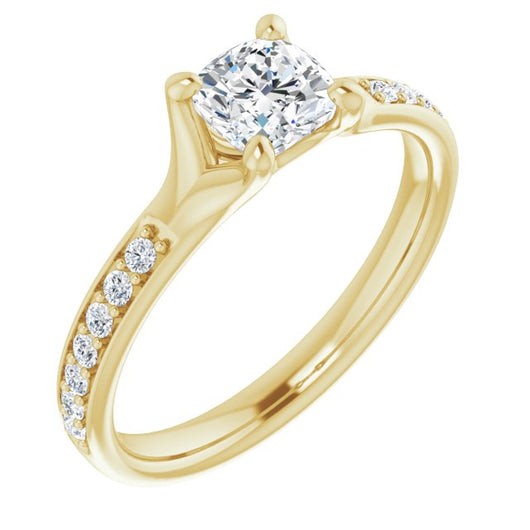 10K Yellow Gold Customizable Heavy Prong-Set Cushion Cut Style with Round Cut Band Accents