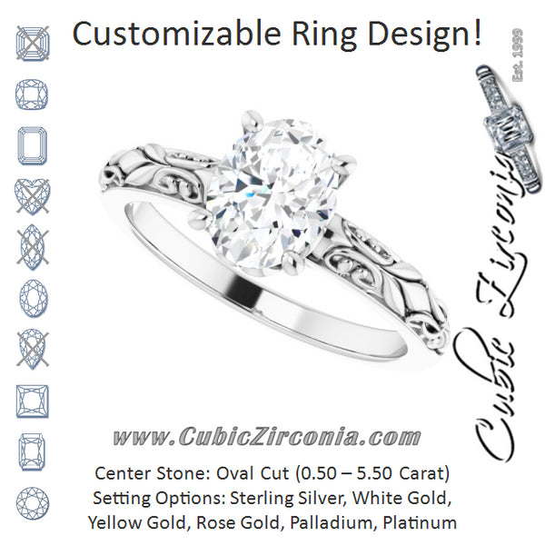 Cubic Zirconia Engagement Ring- The An Chen (Customizable Oval Cut Solitaire featuring Delicate Metal Scrollwork)