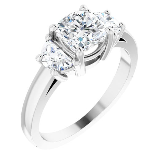 10K White Gold Customizable 3-stone Design with Cushion Cut Center and Half-moon Side Stones