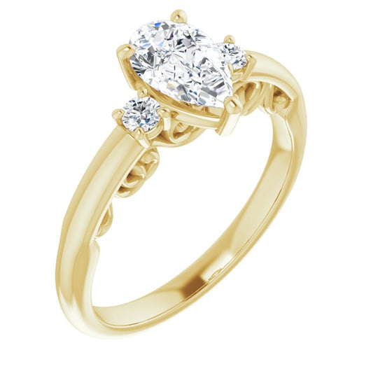 10K Yellow Gold Customizable Pear Cut 3-stone Style featuring Heart-Motif Band Enhancement