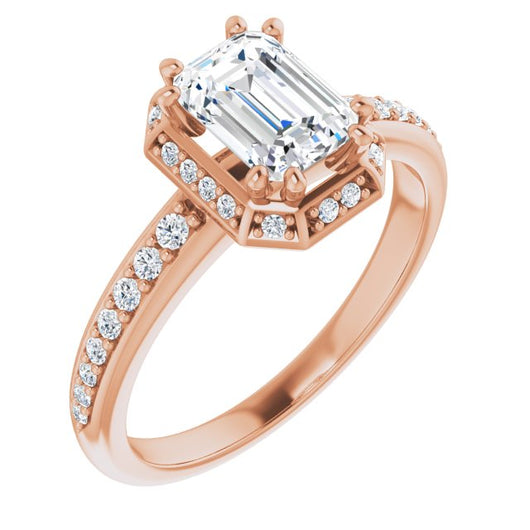 10K Rose Gold Customizable Emerald/Radiant Cut Design with Geometric Under-Halo and Shared Prong Band