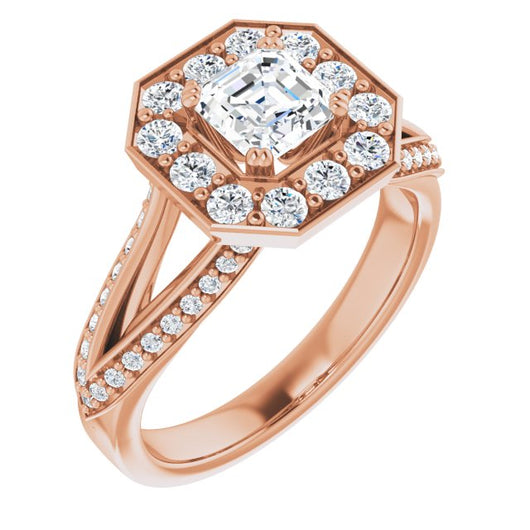 10K Rose Gold Customizable Asscher Cut Center with Large-Accented Halo and Split Shared Prong Band