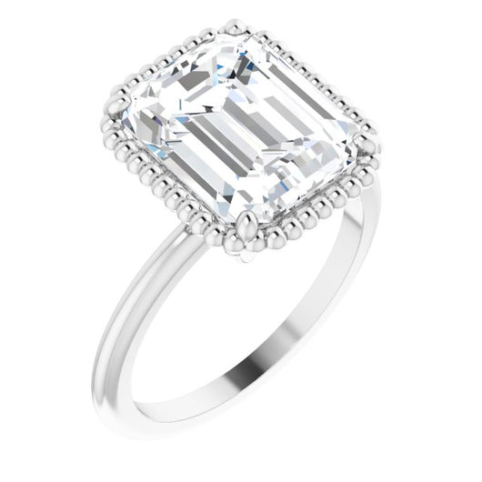 10K White Gold Customizable Emerald/Radiant Cut Solitaire with Beaded Metallic Milgrain