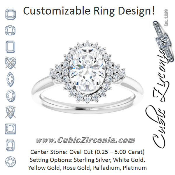 Cubic Zirconia Engagement Ring- The Winter (Customizable Oval Cut Cathedral-Halo Design with Tri-Cluster Round Accents)