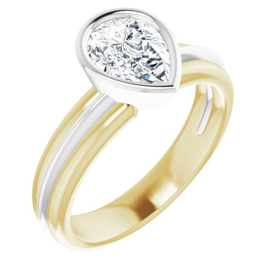 14K Yellow & White Gold Customizable Bezel-set Pear Cut Solitaire with Grooved Band