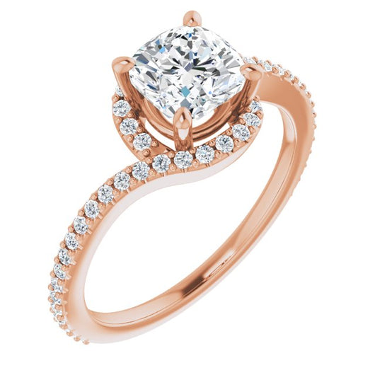 10K Rose Gold Customizable Artisan Cushion Cut Design with Thin, Accented Bypass Band