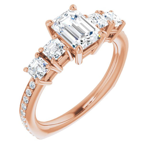 10K Rose Gold Customizable Emerald/Radiant Cut 5-stone Style with Quad Emerald/Radiant Accents plus Shared Prong Band