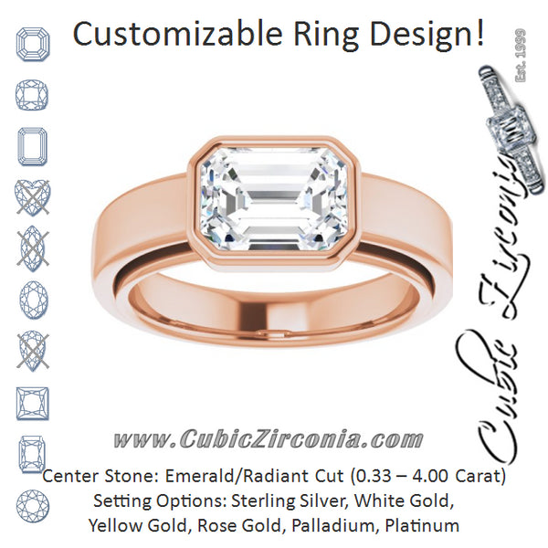 Cubic Zirconia Engagement Ring- The Dunyasha (Customizable Cathedral-Bezel Emerald Cut Solitaire with Wide Band)