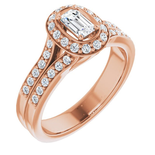 10K Rose Gold Customizable Emerald/Radiant Cut Halo Style with Accented Split-Band