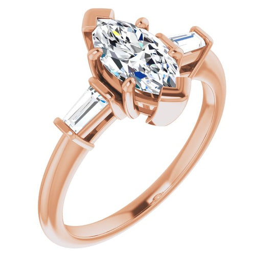 10K Rose Gold Customizable 3-stone Marquise Cut Design with Dual Baguette Accents)