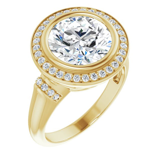 10K Yellow Gold Customizable Bezel-set Round Cut Design with Halo and Vertical Round Channel Accents