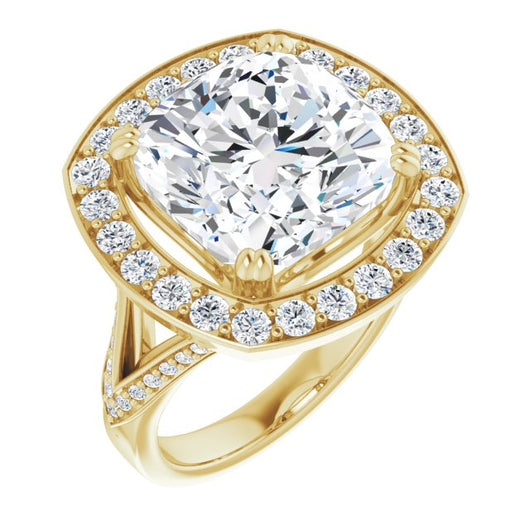 10K Yellow Gold Customizable Cushion Cut Center with Large-Accented Halo and Split Shared Prong Band