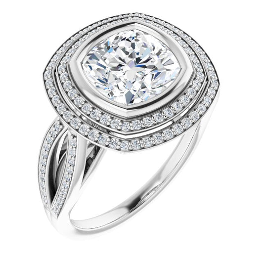 10K White Gold Customizable Bezel-set Cushion Cut Style with Double Halo and Split Shared Prong Band