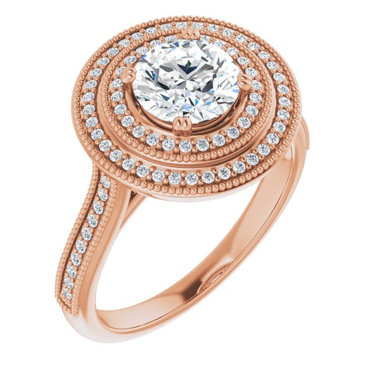 10K Rose Gold Customizable Round Cut Design with Elegant Double Halo, Houndstooth Milgrain and Band-Channel Accents