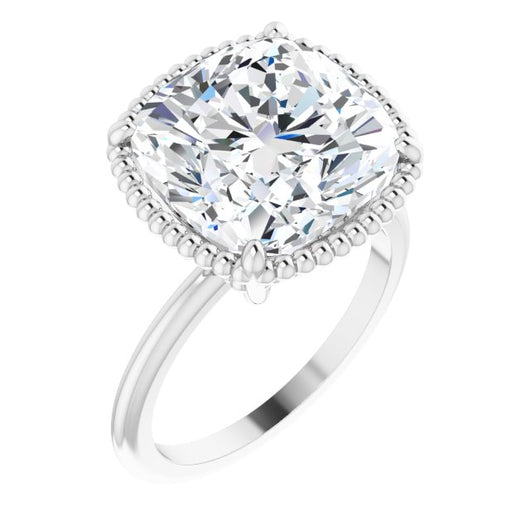 10K White Gold Customizable Cushion Cut Solitaire with Beaded Metallic Milgrain