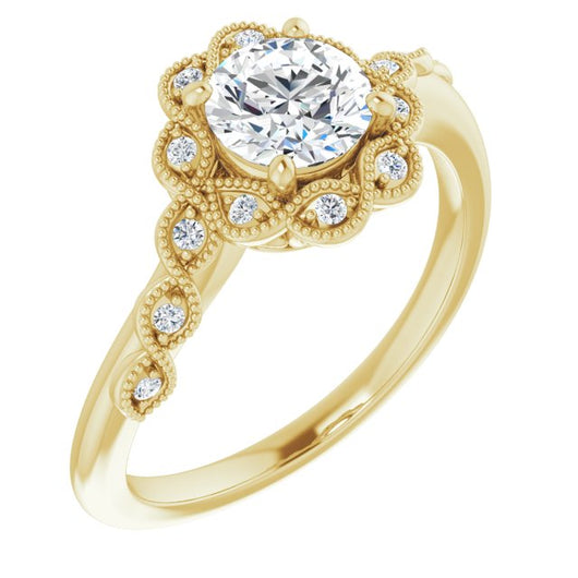 10K Yellow Gold Customizable 3-stone Design with Round Cut Center and Halo Enhancement