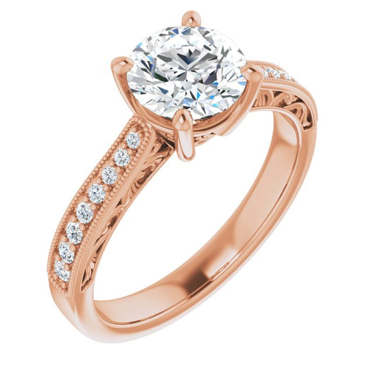 10K Rose Gold Customizable Round Cut Design with Round Band Accents and Three-sided Filigree Engraving