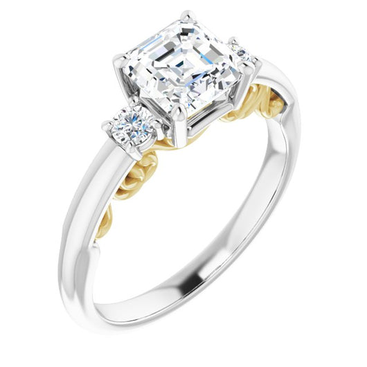 14K White & Yellow Gold Customizable Asscher Cut 3-stone Style featuring Heart-Motif Band Enhancement