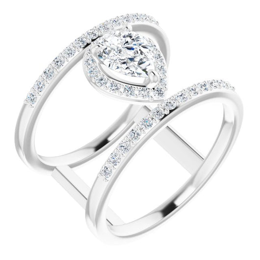 10K White Gold Customizable Pear Cut Halo Design with Open, Ultrawide Harness Double Pavé Band