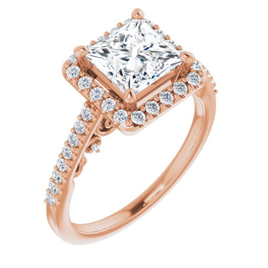 10K Rose Gold Customizable Cathedral-Halo Princess/Square Cut Design with Carved Metal Accent plus Pavé Band