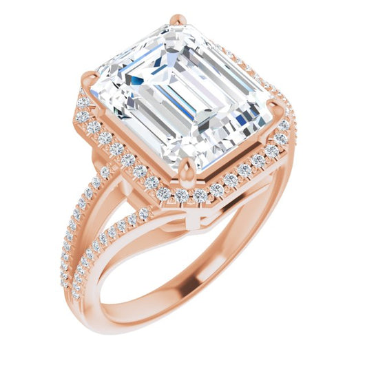 10K Rose Gold Customizable Emerald/Radiant Cut Vintage Design with Halo Style and Asymmetrical Split-Pavé Band