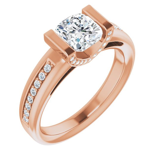 10K Rose Gold Customizable Cathedral-Bar Cushion Cut Design featuring Shared Prong Band and Prong Accents