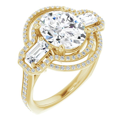 10K Yellow Gold Customizable Enhanced 3-stone Style with Oval Cut Center, Emerald Cut Accents, Double Halo and Thin Shared Prong Band