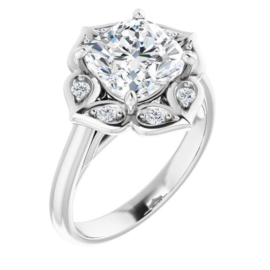 10K White Gold Customizable Cathedral-raised Cushion Cut Design with Star Halo & Round-Bezel Peekaboo Accents