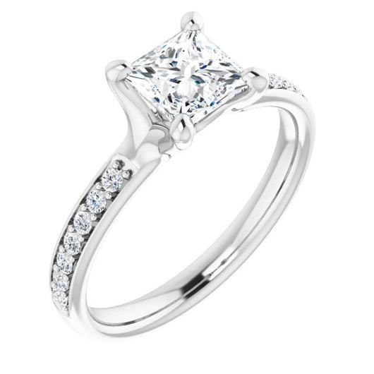 10K White Gold Customizable Heavy Prong-Set Princess/Square Cut Style with Round Cut Band Accents