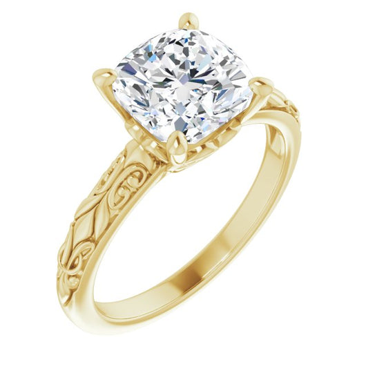 10K Yellow Gold Customizable Cushion Cut Solitaire featuring Delicate Metal Scrollwork