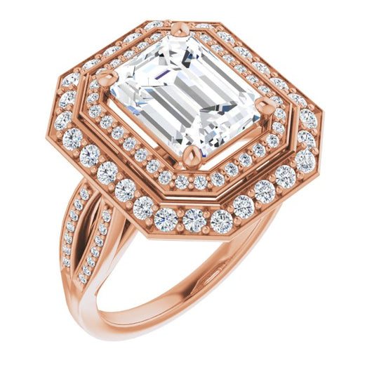 10K Rose Gold Customizable Cathedral-style Emerald/Radiant Cut Design with Double Halo & Split-Pavé Band