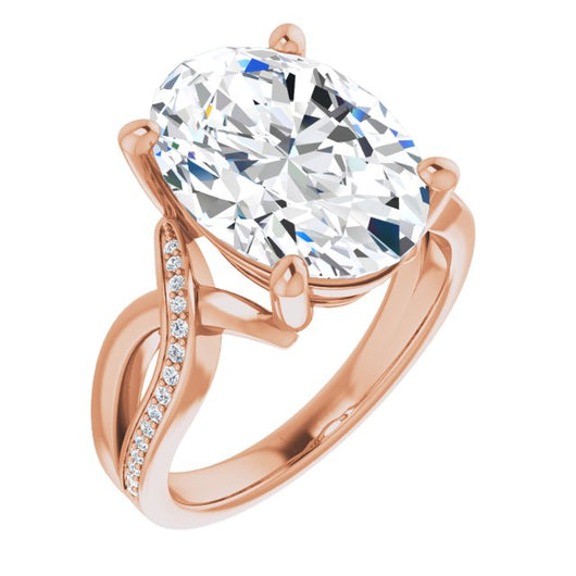 10K Rose Gold Customizable Oval Cut Center with Curving Split-Band featuring One Shared Prong Leg