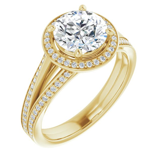 10K Yellow Gold Customizable Round Cut Design with Split-Band Shared Prong & Halo