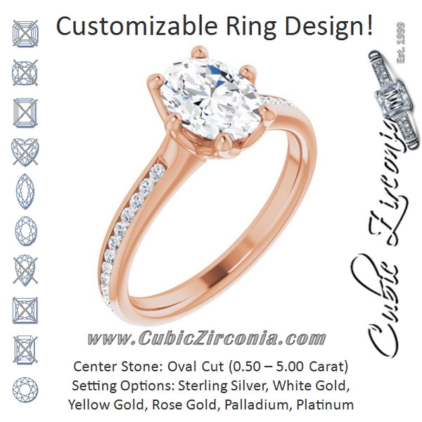 Cubic Zirconia Engagement Ring- The Alyssa Love (Customizable 6-prong Oval Cut Design with Round Channel Accents)