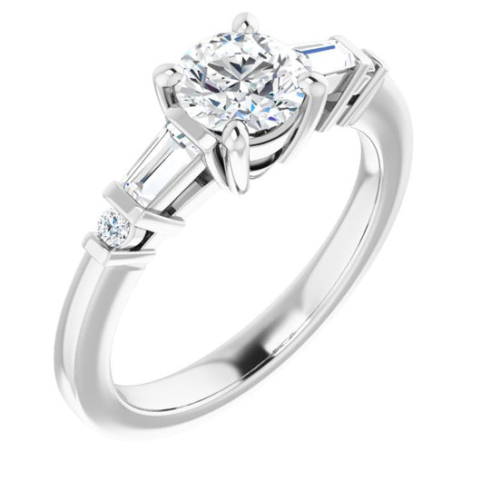 10K White Gold Customizable 5-stone Baguette+Round-Accented Round Cut Design)