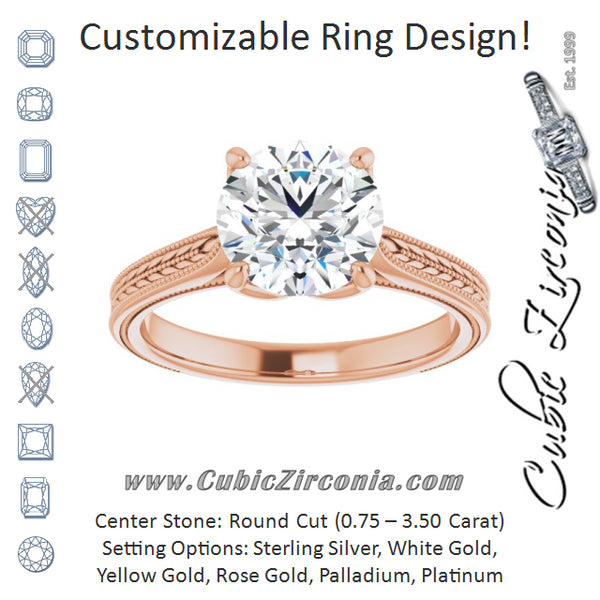 Cubic Zirconia Engagement Ring- The Dulcia (Customizable Round Cut Solitaire with Wheat-inspired Band)