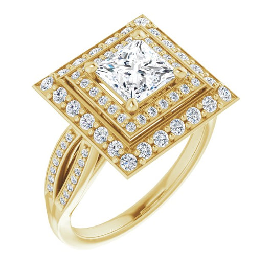 10K Yellow Gold Customizable Cathedral-style Princess/Square Cut Design with Double Halo & Split-Pavé Band