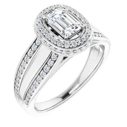 10K White Gold Customizable Halo-style Emerald/Radiant Cut with Under-halo & Ultra-wide Band