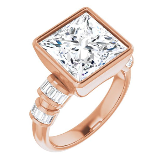 10K Rose Gold Customizable Bezel-set Princess/Square Cut Design with Quad Horizontal Band Sleeves of Baguette Accents