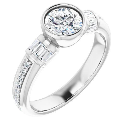 10K White Gold Customizable Cathedral-Bezel Round Cut Style with Horizontal Baguettes & Shared Prong Band