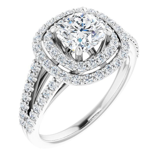 10K White Gold Customizable Cushion Cut Design with Double Halo and Wide Split-Pavé Band