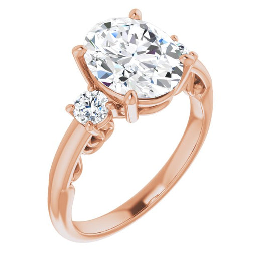 10K Rose Gold Customizable Oval Cut 3-stone Style featuring Heart-Motif Band Enhancement