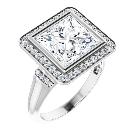 10K White Gold Customizable Bezel-set Princess/Square Cut Design with Halo and Vertical Round Channel Accents